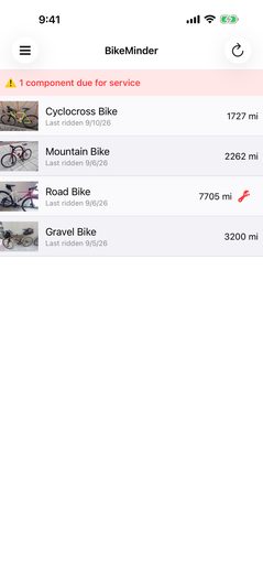 BikeMinder for iPhone showing a bike list with service-due warnings